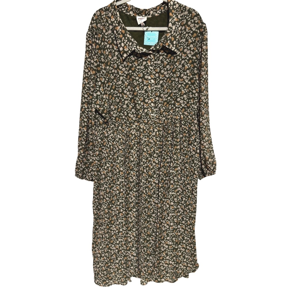 New Hayden Olive Green Floral Print Button Front Midi Dress Sz 3XL Peasant Boho